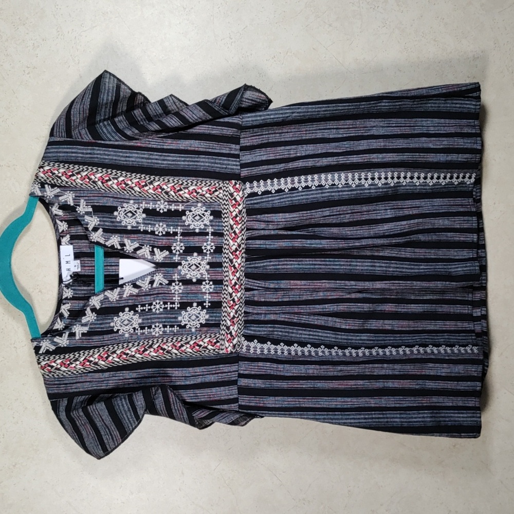 6113 THML black, tan, & maroon striped embroidered blouse S NWT